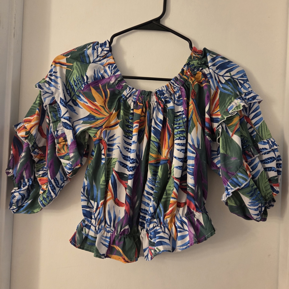 Rachel Zoe Tropical Floral Off-the-shoulder Cropped Ruffled Blouse Sz Small